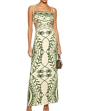 Women's Tropical Print Cutout Maxi Dress Open Back Tie Strap High Waist Bodycon Vacation Dress | Amazon (US)