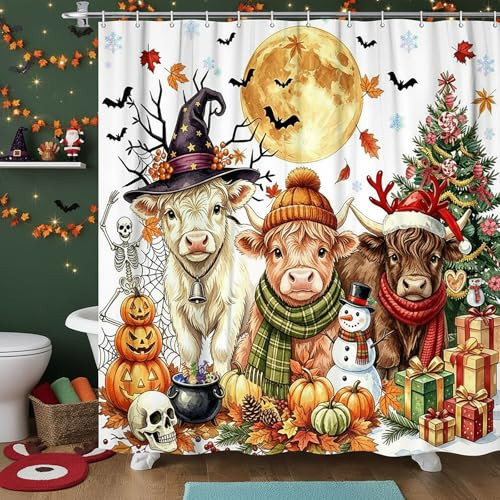 DYNH Happy Fall Thanksgiving Halloween Shower Curtains for Bathroom, Fall Autumn Thanksgiving Halloween Christmas Waterproof Polyester Fabric Bath Shower Curtain Set with Hooks,47X64IN | Amazon (US)