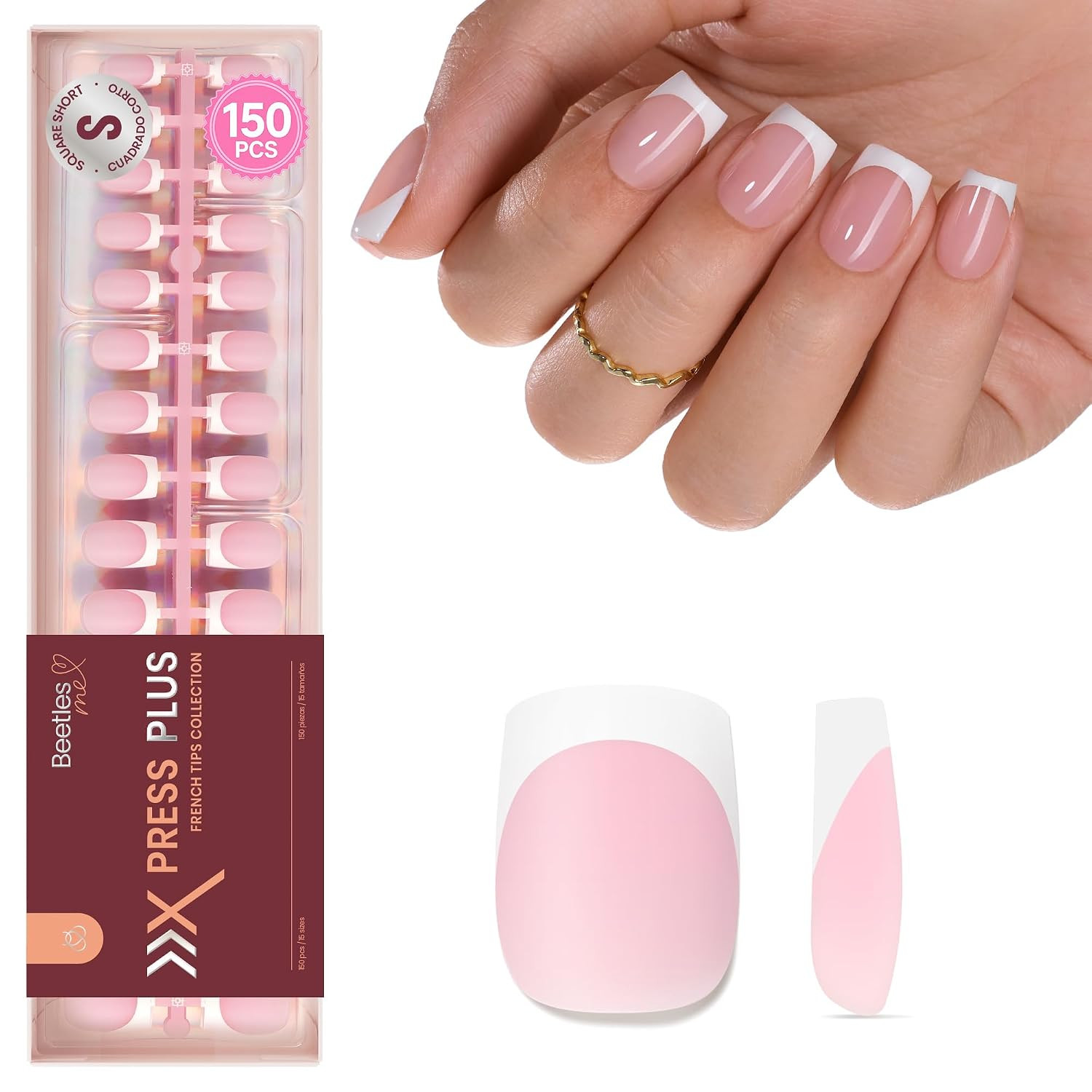 Beetles French Tip Press On Nails: 150 Pcs Pink Short Square Press On Nails 4 in 1 Nail Tips, Pre-Applied Primer & Base Coat, No File Need DIY Manicure for Nail Extension Gifts for Women | Amazon (US)