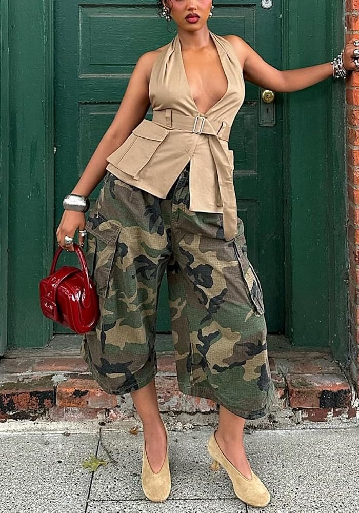 Unybwonn Women Baggy Cargo Jeans Camo Army Fatigue Wide Leg Harem Cropped Denim Pants Plus Size C... | Amazon (US)