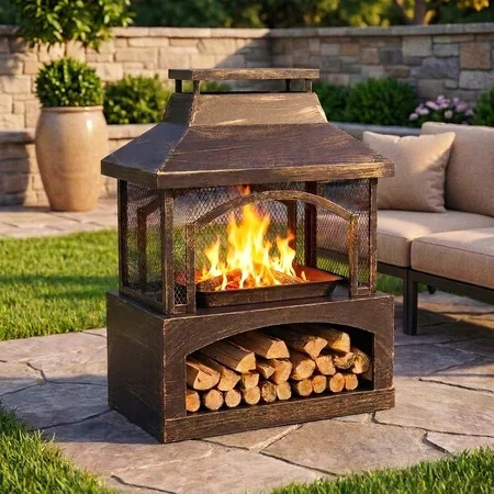 Red Mountain Valley 37" Steel Outdoor Wood-Burning Fire Pit, with Mesh Screen and Log Poker for Patio, Garden, Backyard Heating and Bonfire | Walmart (US)