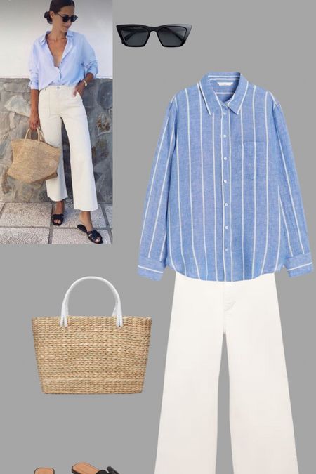White jeans, striped shirt, straw bag. Could it get any simpler?