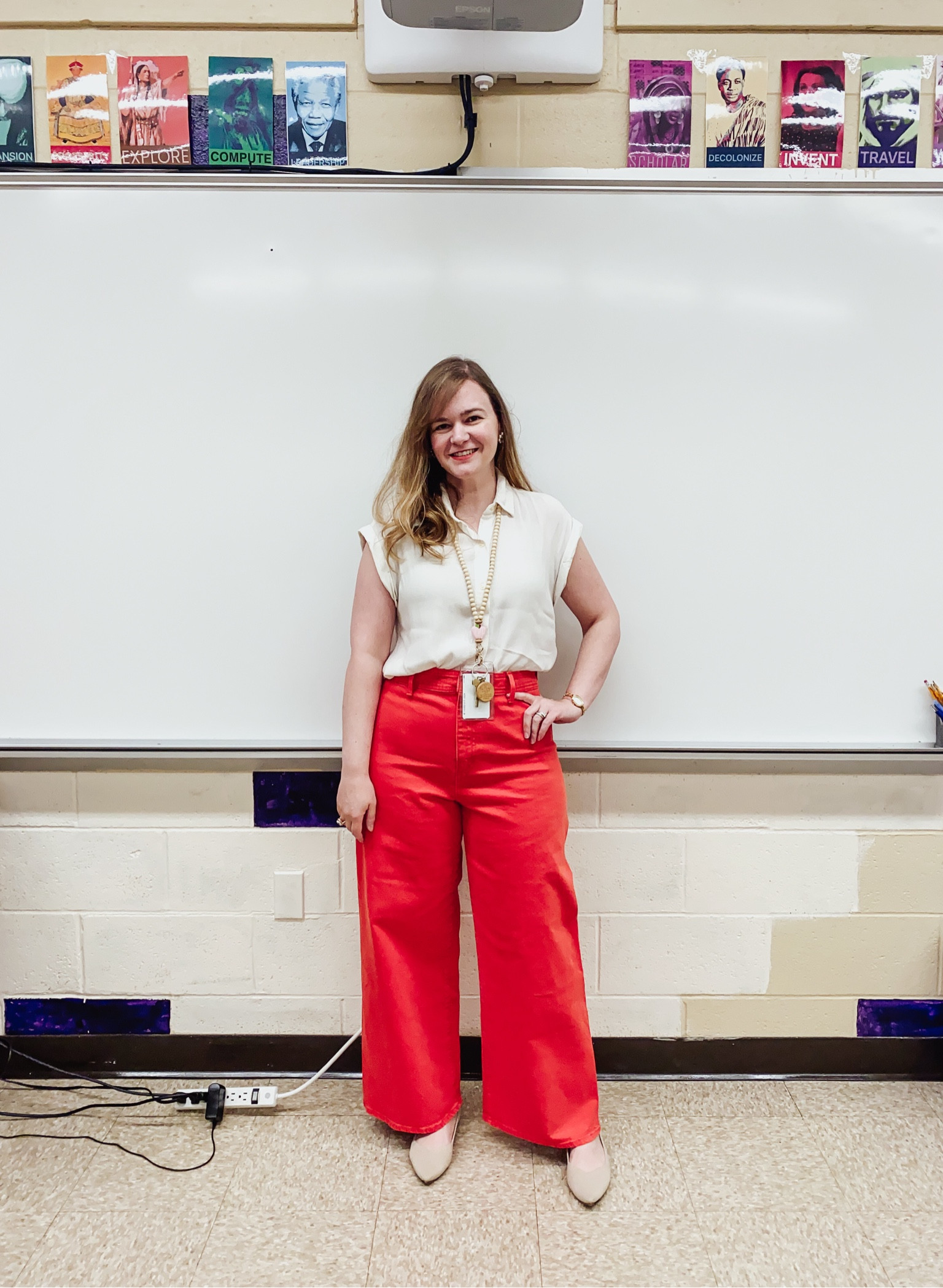 Nantucket red wide leg jeans. Fit true to size 
Teacher lanyard 

#LTKStyleTip #LTKWorkwear #LTKShoeCrush