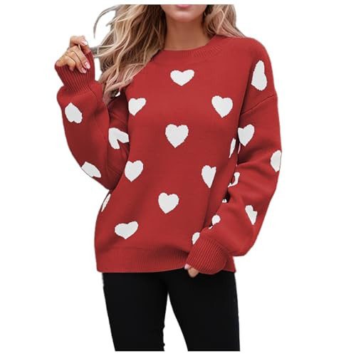 Womens Valentine Heart Print Sweater Crew Neck Love Shape Cute Long Sleeve Loose Knitted Pullover Sweater Black White Beige | Amazon (US)