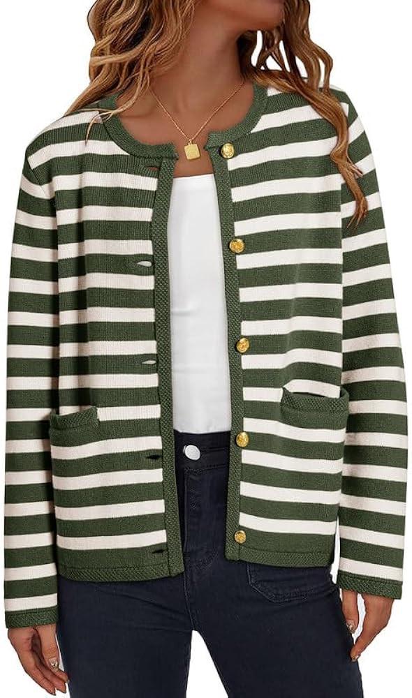 Dokotoo Women's 2024 Fashion Casual Crew Neck Open Front Long Sleeve Chunky Knit Striped Cardigan... | Amazon (US)