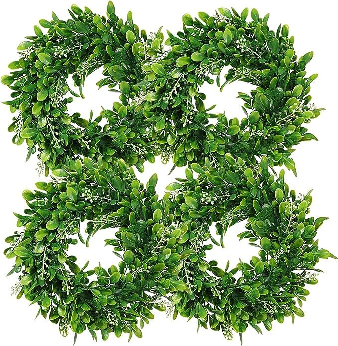 LSKYTOP 4 Pack Boxwood Wreath Round Wreath Artificial Wreath Green Leaves Wreath Door Wall Window... | Amazon (US)