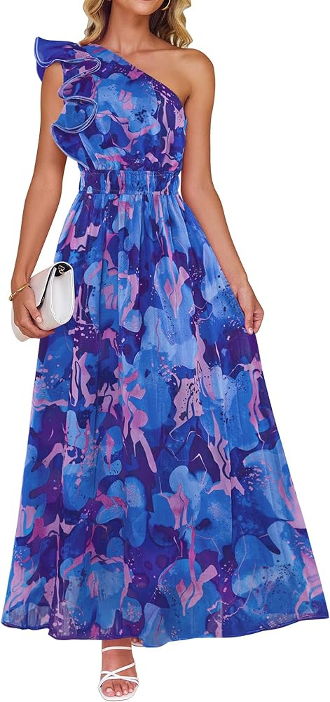 ZESICA Women's 2025 Boho Floral Sleeveless Maxi Dress Ruffle One Shoulder Elatsic High Waist Beac... | Amazon (US)