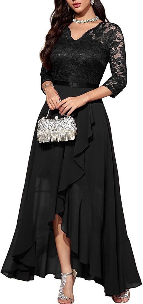 Bbonlinedress Women's V-Neck Dress for Women Wedding Guest Hi-Lo Floral Lace Prom Cocktail Party ... | Amazon (US)