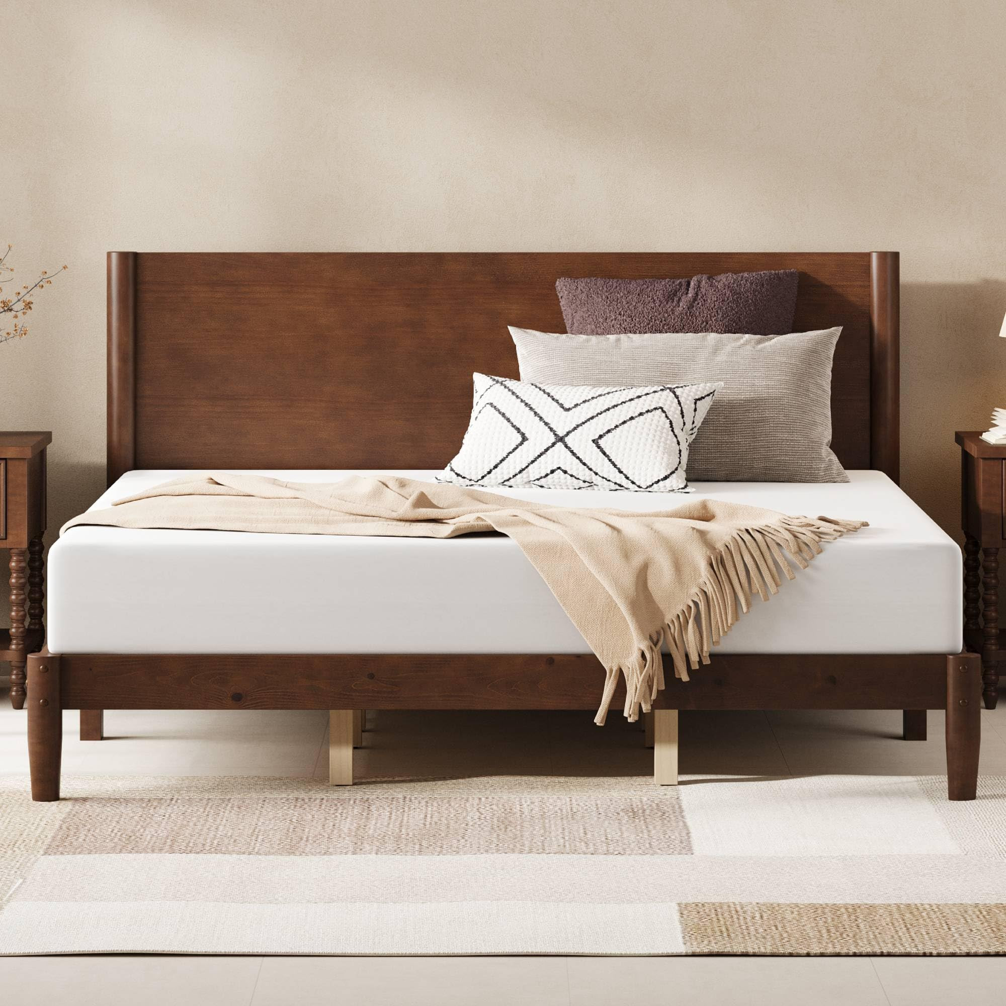 AMERLIFE Solid Wood King Size Bed Frame, Mid Century Modern Platform Bed with Full Panel Headboar... | Amazon (US)