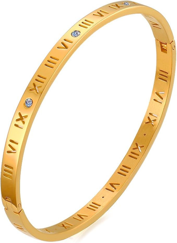 Winnie Elegant Women's Stainless Steel CZ Rhinestone Roman Numerals Bangle Bracelet, Rose Gold, G... | Amazon (US)