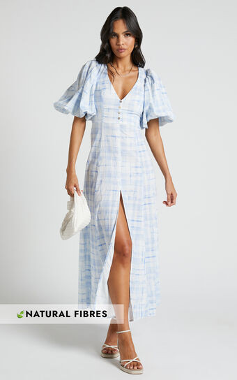 Amalie The Label - Lytina Linen Blend Puff Sleeve Open Back Midi Dress in Chieti Check Blue | Showpo (US, UK & Europe)