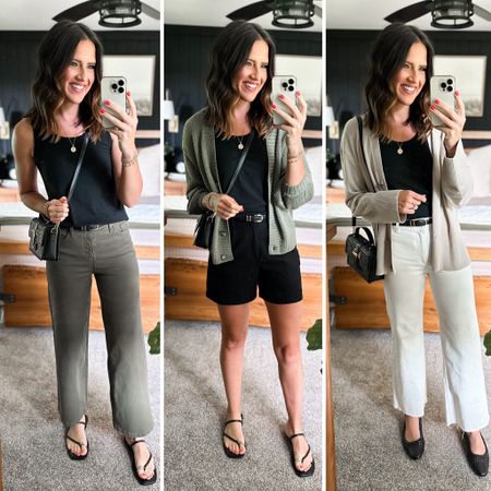 Summer Capsule Wardrobe - Black Cotton Tank 

Tank - small
Green pants - size 26 
Olive cardigan - size medium (mine is from last year so this years may vary in color a little) 
Black shorts - sized down to a xs 
White pants - size up, I’m in a 4
Linen cardigan - small tall 


#LTKFindsUnder100 #LTKFindsUnder50 #LTKStyleTip