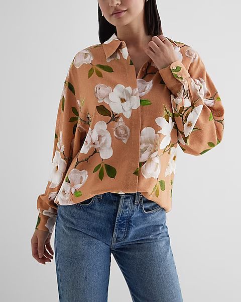 Linen-Blend Floral Boyfriend Portofino Shirt | Express