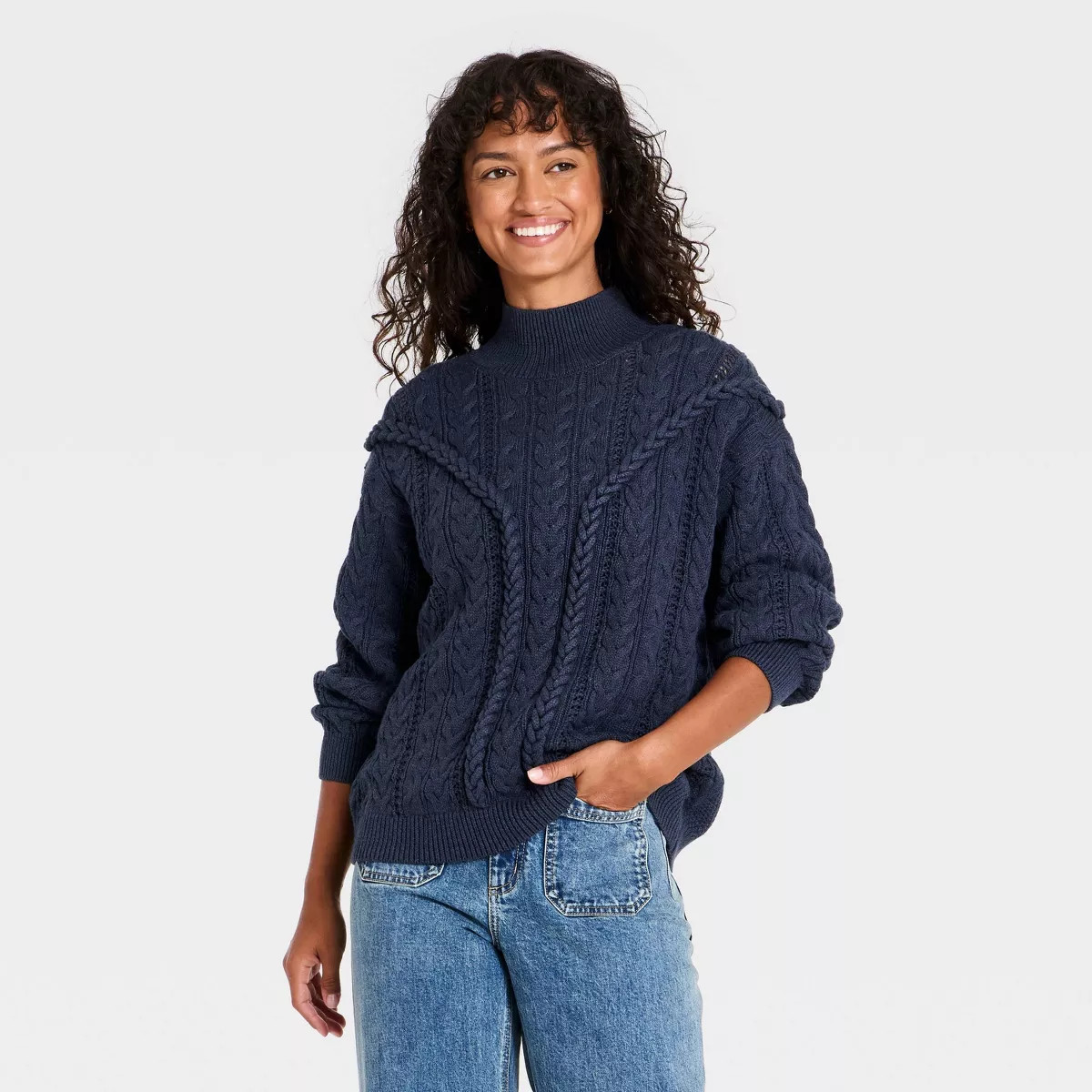 Women's Relaxed Cable Turtleneck Pullover Sweater - Universal Thread\u2122 Navy Blue XS | Target
