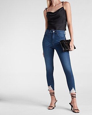 High Waisted Supersoft Medium Wash Ripped Hem Cropped Supersoft Skinny Jeans | Express