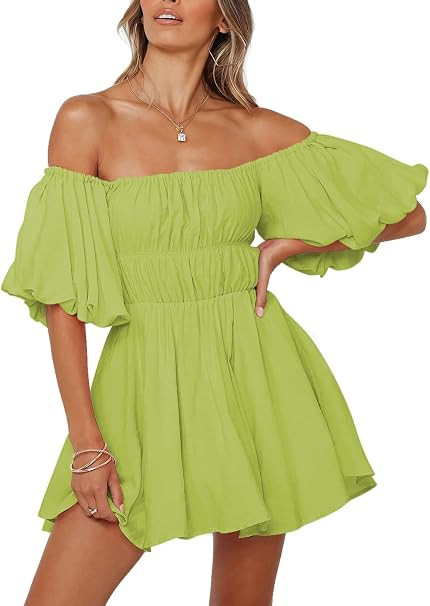 Dokotoo Womens Off The Shoulder Elastic Waist Summer Dresses | Ruffle,A-Line,Square Neck,Lantern ... | Amazon (US)