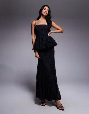 ASOS DESIGN structured lace maxi dress with volume godet bodice in black | ASOS | ASOS (Global)
