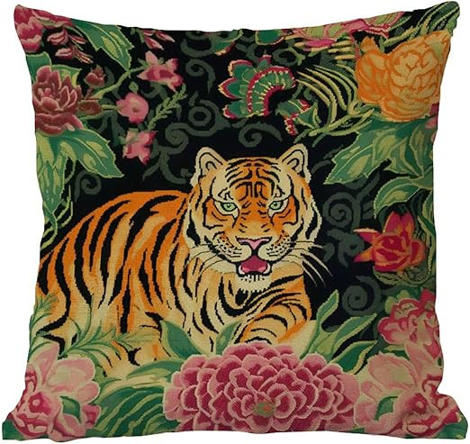 MangGou Tiger Print Pillow Case Pink Green and Turquoise Black Colorful Stripe Throw Cover Chinoi... | Amazon (US)