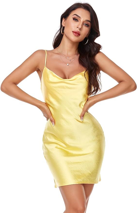 Womens Spaghetti Strap Mini Satin Silk Sexy Dresses Slip Cowl Neck Side Slit Cami Cocktail Evenin... | Amazon (US)