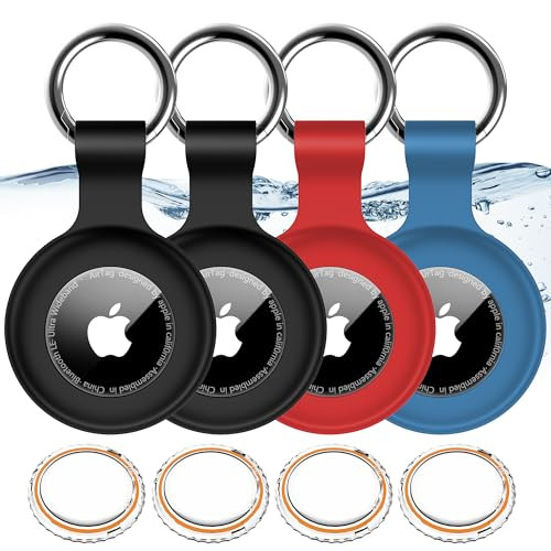 4 Pack,IPX8 Waterproof Airtag Holder for Apple Air Tags with Air Tag Keychain,Shockproof GPS Cases [Anti-Scratch] [PC+Silicone] Air-Tag Item Finders Cover,Lovely Air Tags Cover,Black/Black/Red/Blue | Amazon (US)