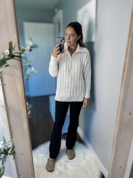 Aerie Cable Car Quarter Zip Sweater — TTS, S
OFFLINE By Aerie Real Me High Waisted Crossover Flare Legging — TTS, M
Birkenstocks — TTS

Fall outfit, winter outfit, casual outfit 

#LTKstyletip #LTKfindsunder50 #LTKSeasonal
