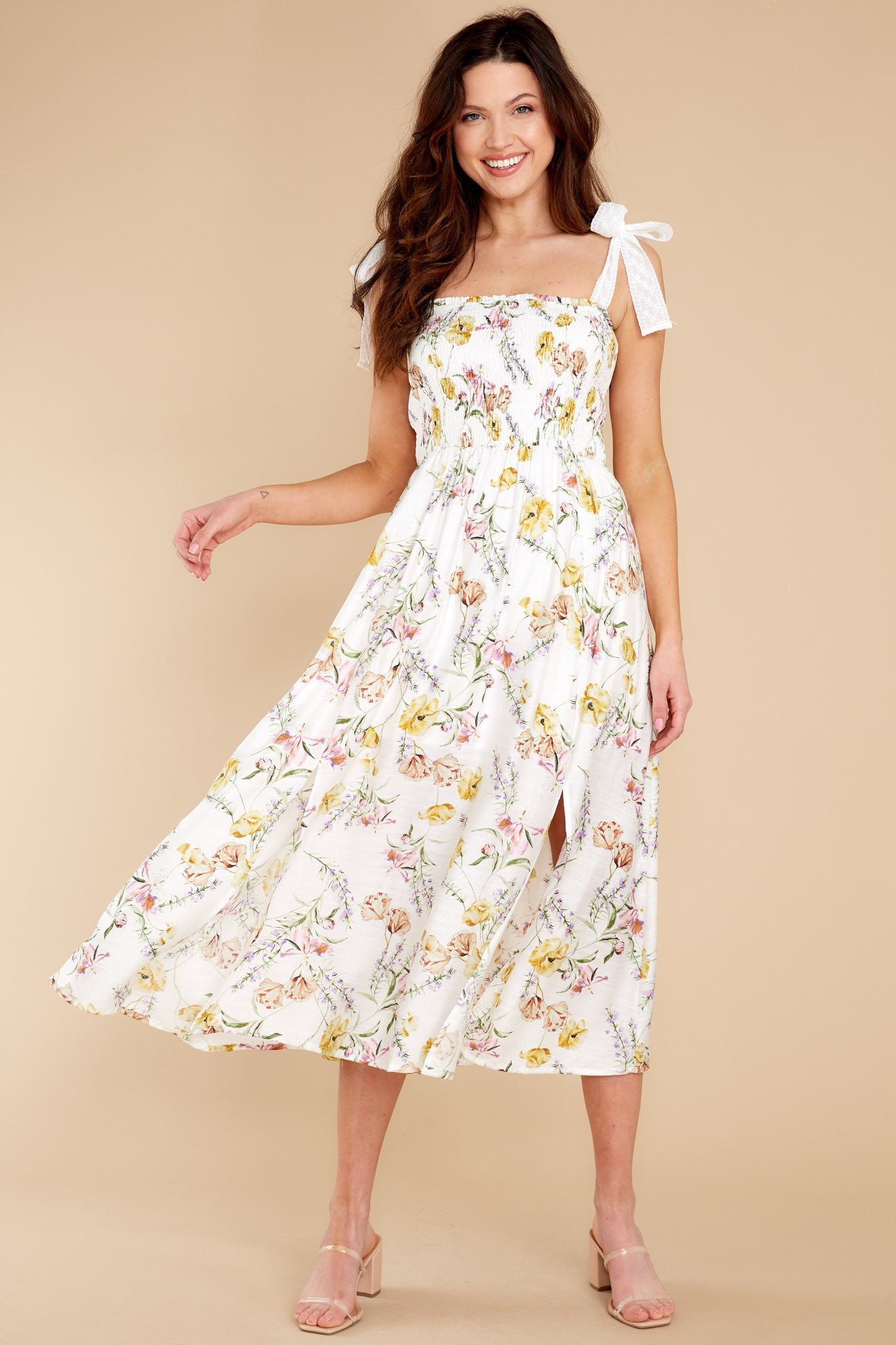 Plant A Kiss White Multi Floral Print Midi Dress | Red Dress 
