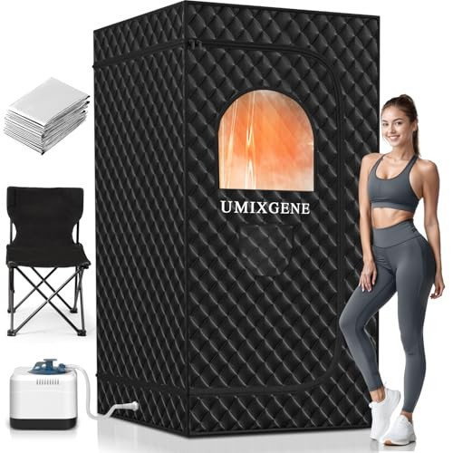 UMIXGENE Sauna Box,Portable Sauna for Home use with Ten Aluminium foil Heating Blankets，Personal Steam Sauna with 3L Steamer, 9 Levels, Folding Chair，Extra Large Size (36 * 36 * 71inch) | Amazon (US)