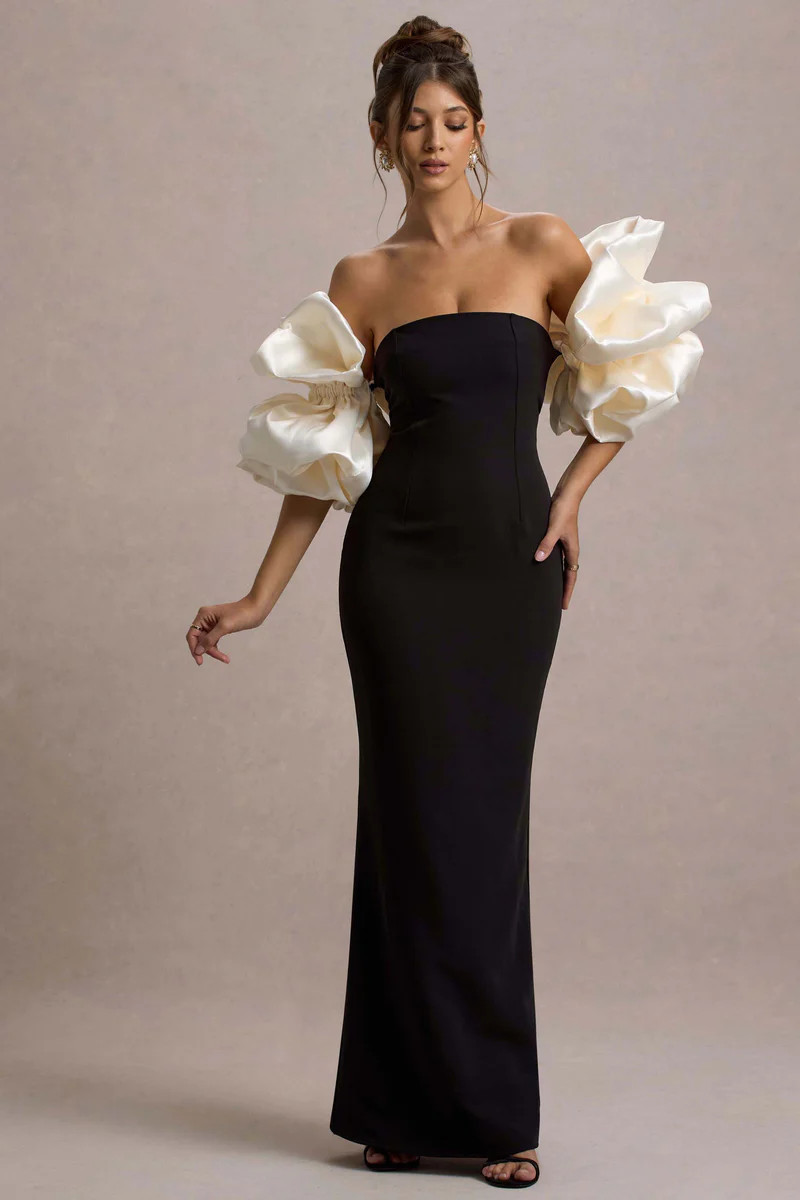 Evermore | Black & Cream Puff-Sleeve Maxi Dress | Club L London