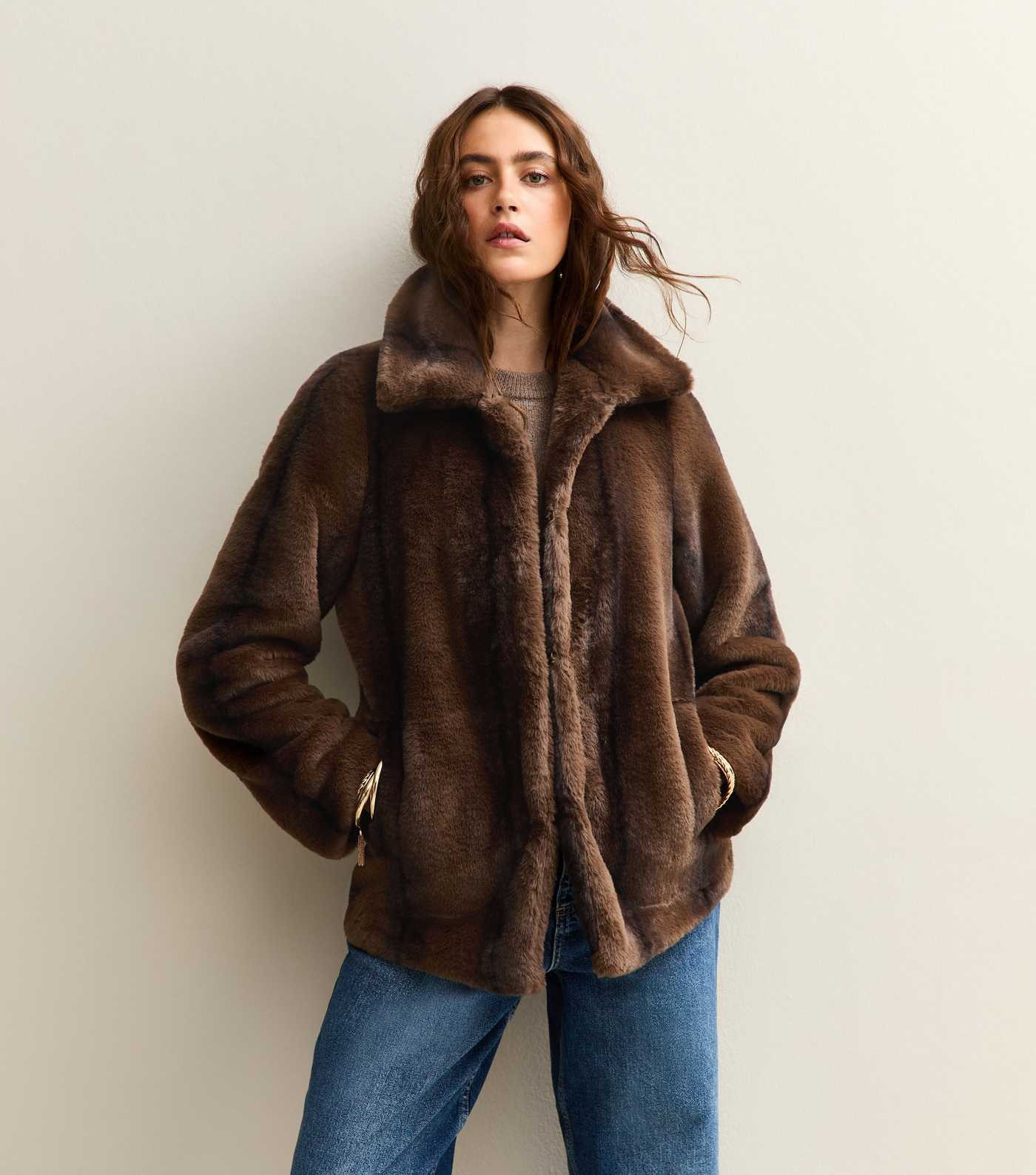 Brown Faux Fur Collared Jacket | New Look | New Look (UK)
