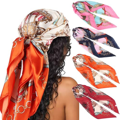 DRESHOW 35" Large Square Satin Head Scarf - 4PCS Silk Feeling Neck Scarf Hair Sleeping Wraps Floral Hair Bandanas for Women | Amazon (US)