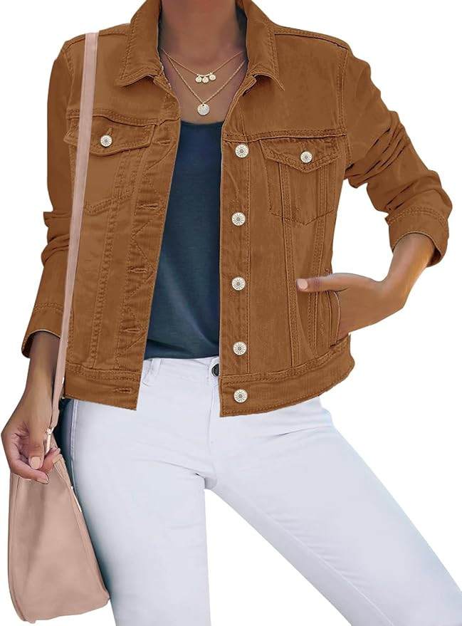 luvamia Women's Basic Button Down Stretch Fitted Long Sleeves Denim Jean Jacket | Amazon (US)