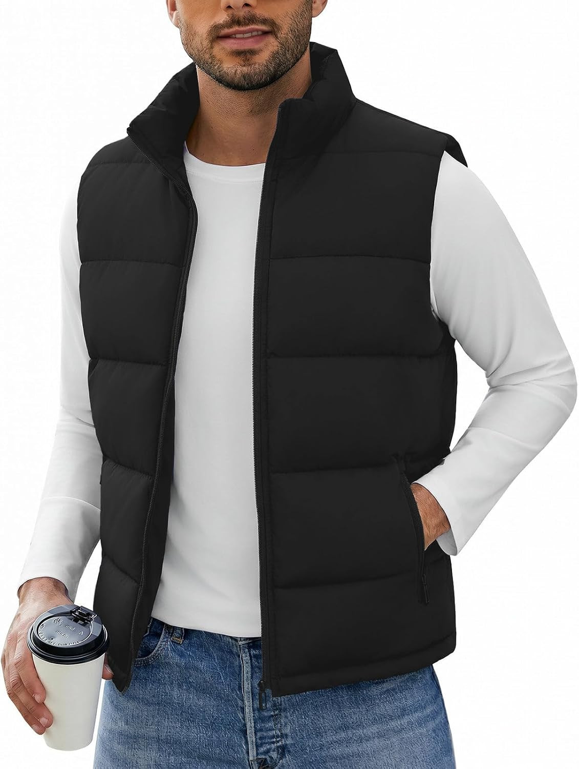 WHN Men's Casual Puffer Vest Lightweight Full Zip Up Work Sleeveless Jacket Stand Collar Outerwear with 3 Pockets | Amazon (US)