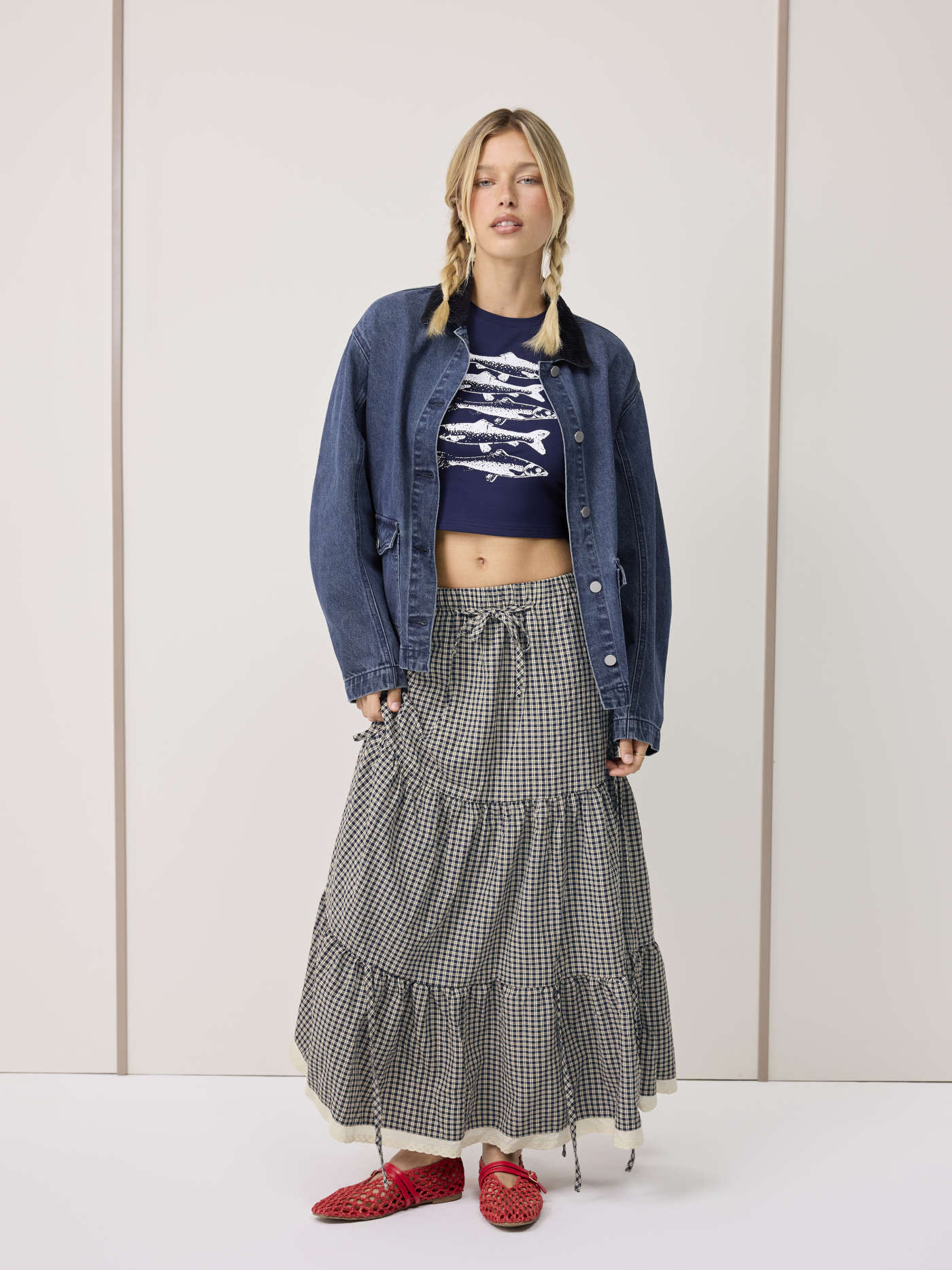 Woven Two Way Cotton-blend Mid Rise Plaid Tiered Knotted Maxi Skirt For Daily Casual | Cider