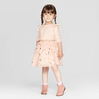 Toddler Girls' Long Sleeve Star Print Tulle Dress - Cat & Jack™ Peach | Target