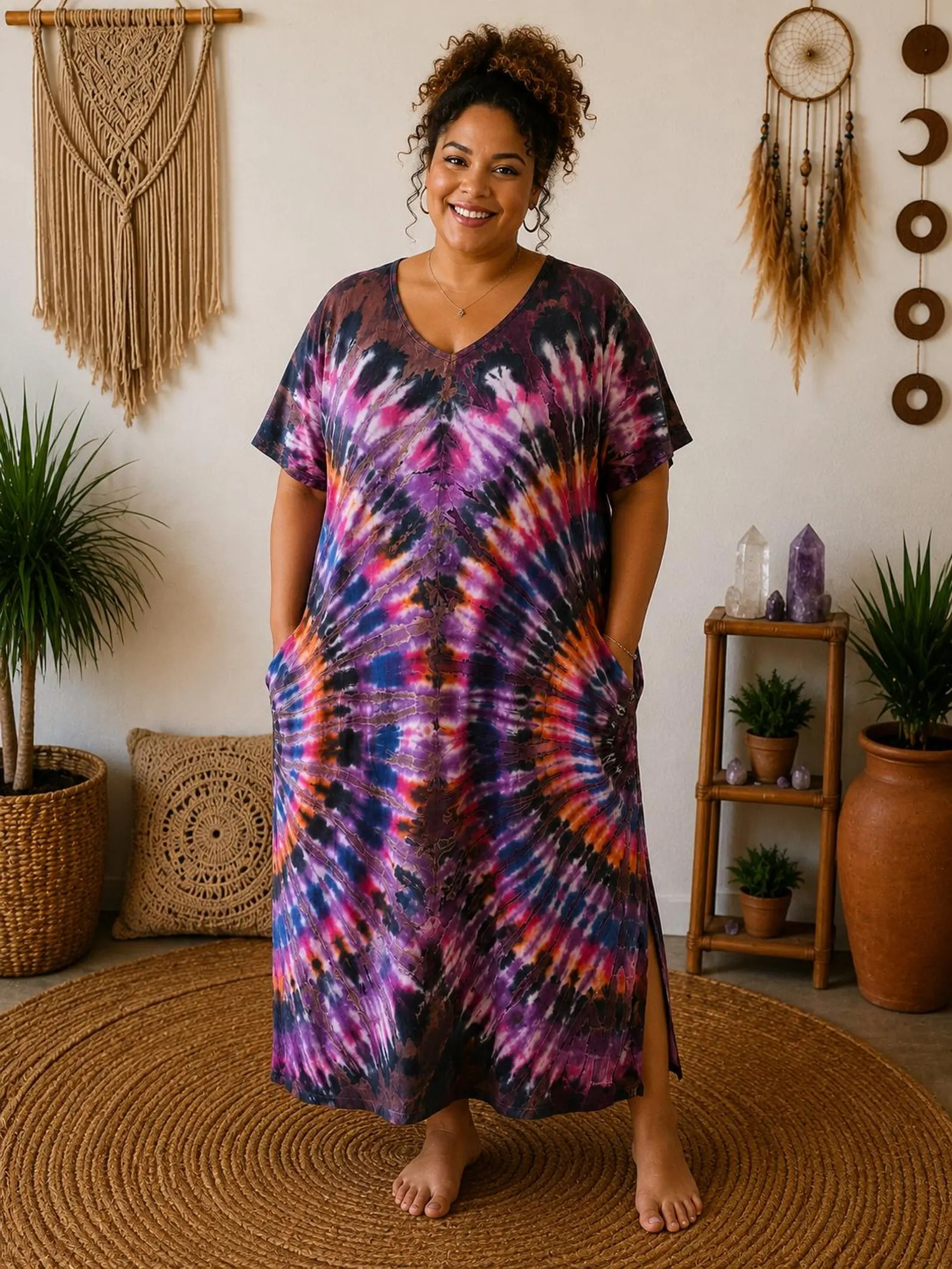Handmade Tie Dye Cotton Maxi Dress: Bohemian V-Neck, XL-XXL | Etsy (Global)