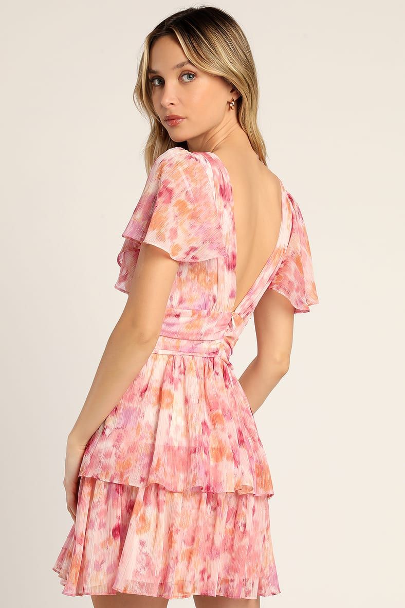 Sunny Evenings Pink Multi Lurex Flutter Sleeve Mini Dress | Lulus (US)
