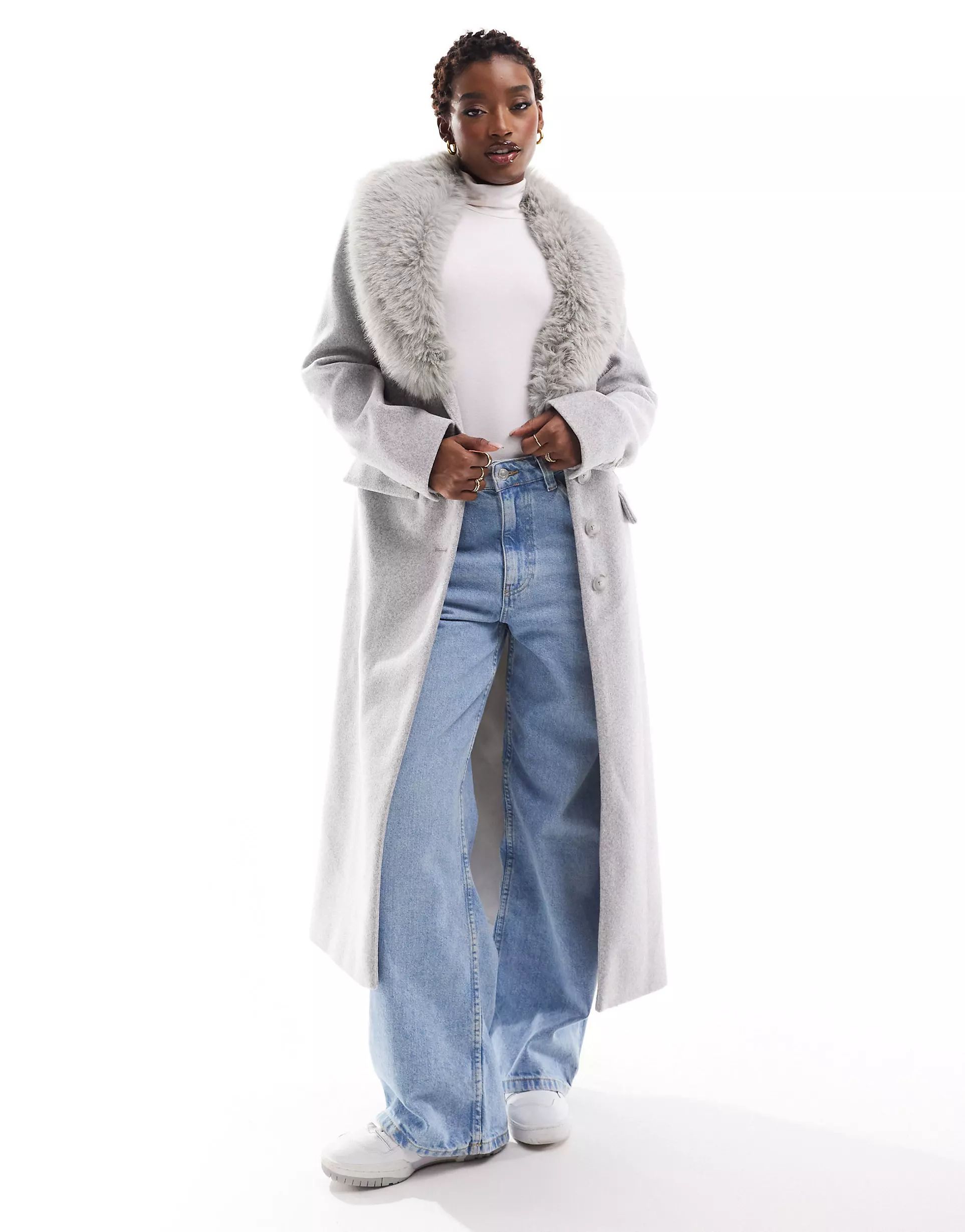 River Island tailored coat with faux fur collar in light grey | ASOS (Global)