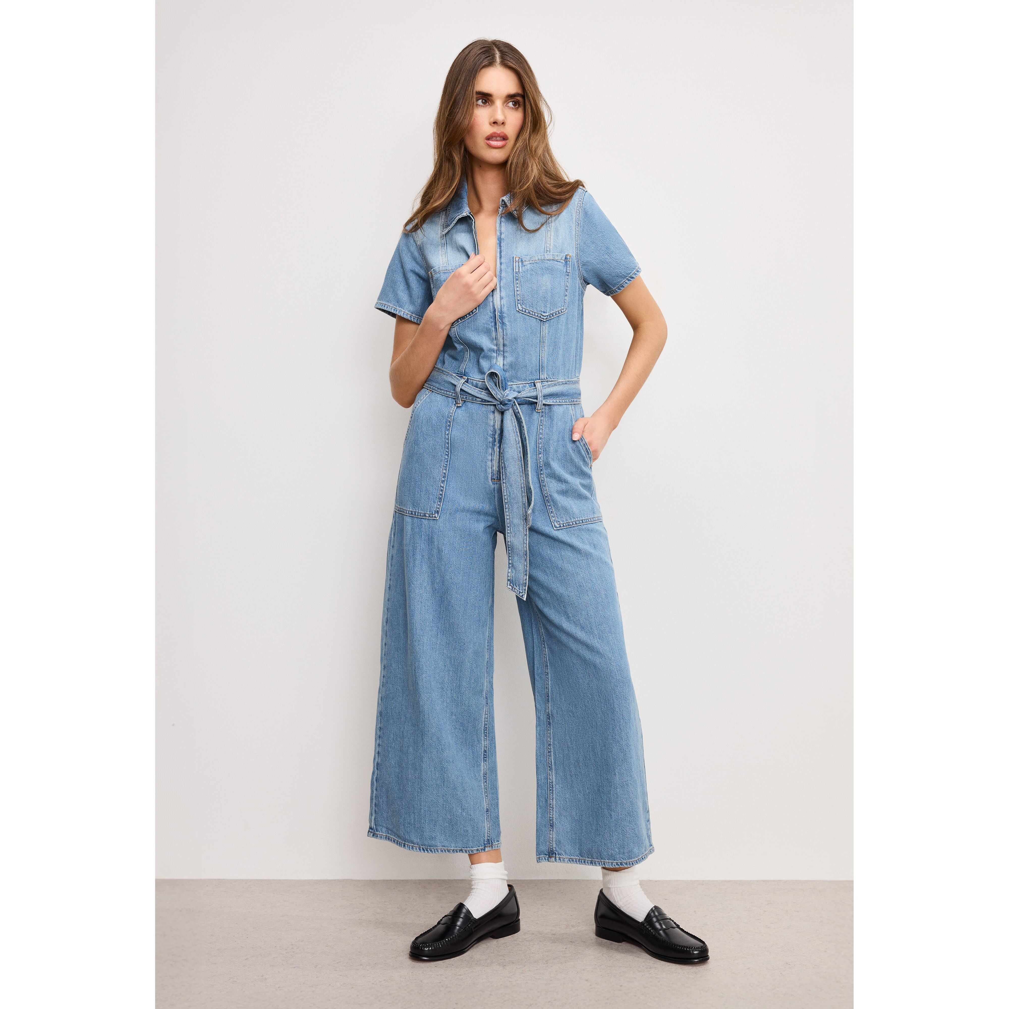 Women's Fit For Success Lite Linen Denim Cropped Denim Jumpsuit | Indigo, Size XL | Good American by Khlo� Kardashian | Good American