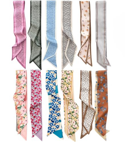 LYQOVARA 12 Pack Hair Scarves for Women,Silky Polyester Purse Scarf, Double-Sided Print Bag Scarf Long Narrow Neck Scarves for Hair, Wrist and Handbag | Amazon (US)