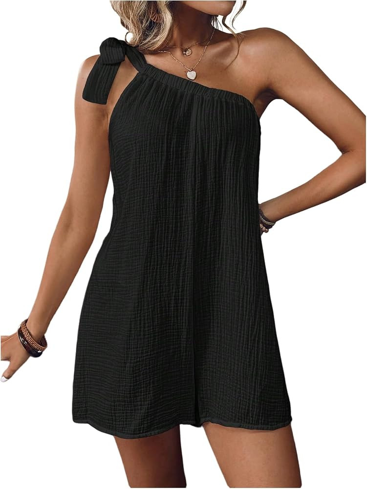 OYOANGLE Women's Textured Tie One Shoulder Romper Asymmetrical Sleeveless Shorts Jumpsuit | Amazon (US)