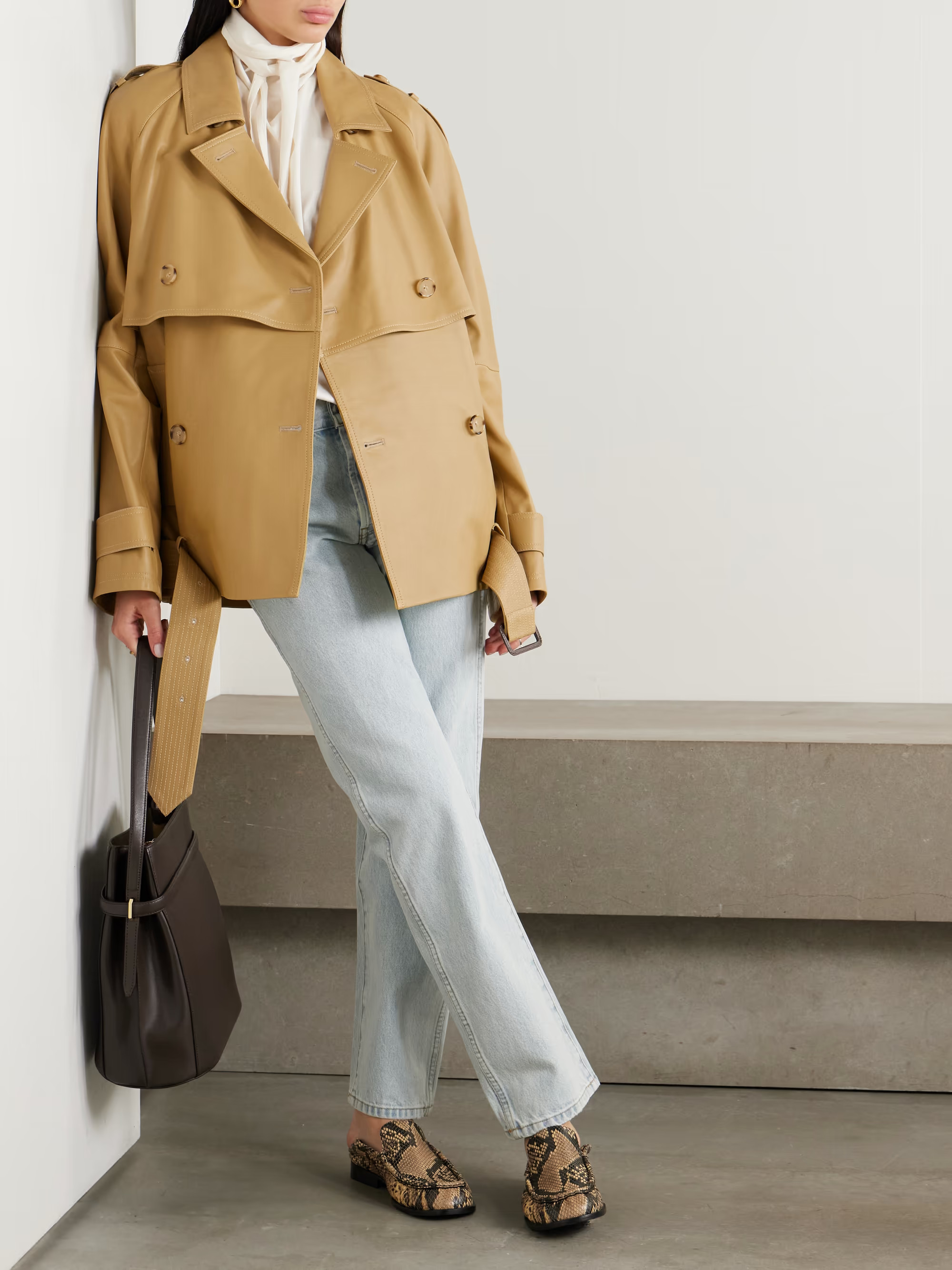 Double-breasted belted layered leather jacket | NET-A-PORTER (UK & EU)