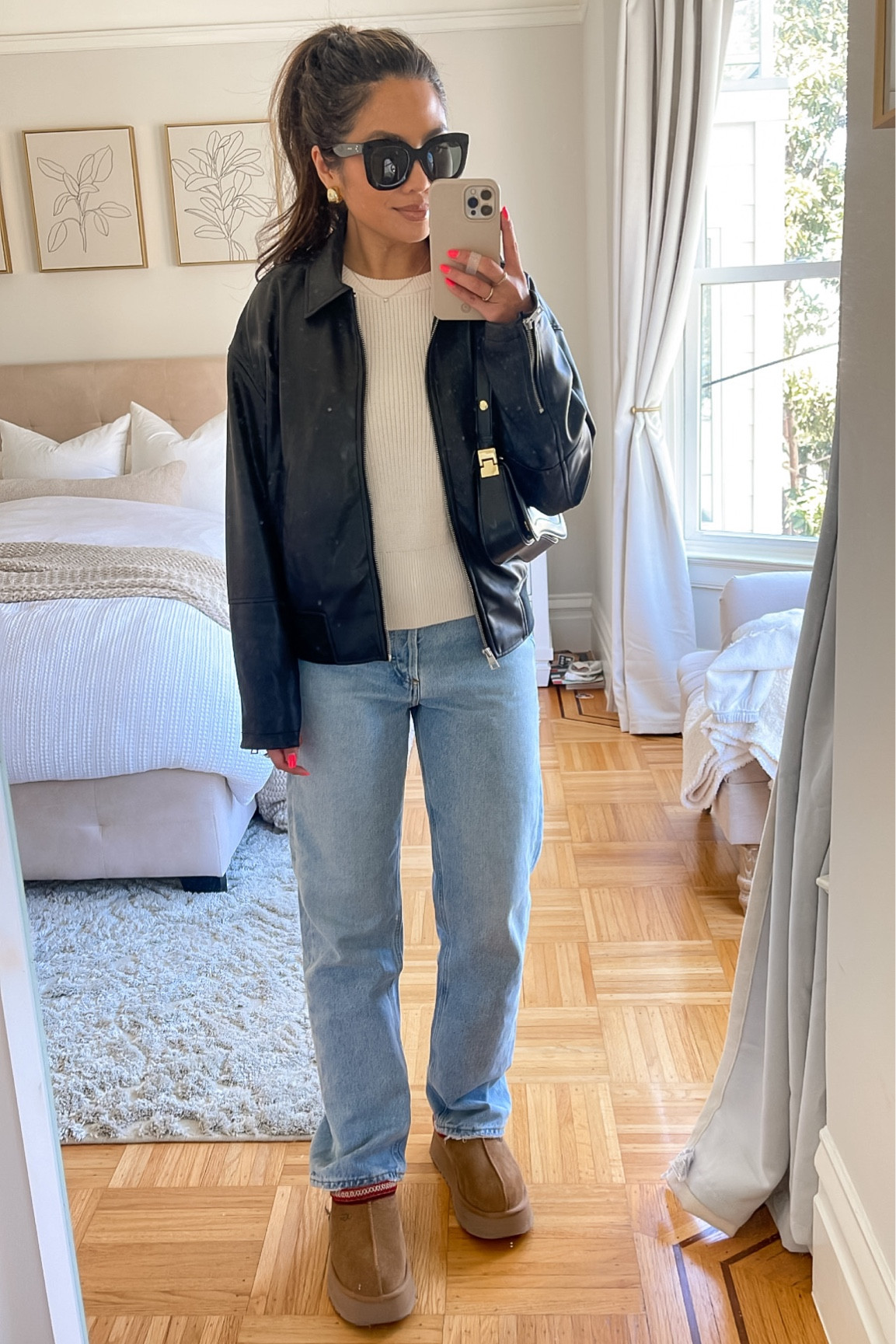 Leather jacket outfit 

Sizing:
Jacket - sized up to S
Jeans - sized down, wearing 24
Sweater is old linked similar 
Ugg tazz - size up