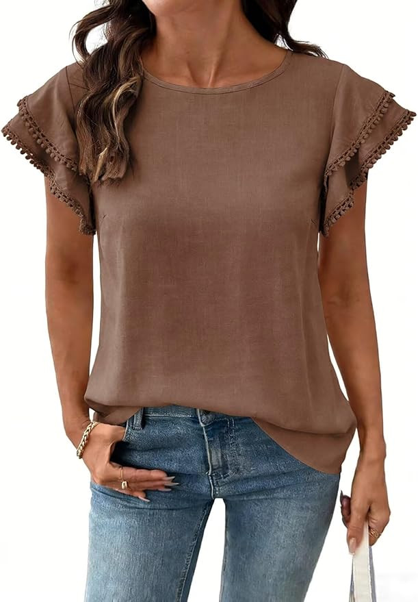 Dokotoo Summer Tops for Women 2026 Casual Round Neck Ruffle Cap Sleeve Blouse Shirts Solid Color ... | Amazon (US)