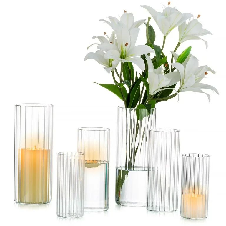 Glasseam Glass Cylinder Ribbed Vases for Centerpieces Set of 6 Clear Round Hurricane Candle Holde... | Walmart (US)