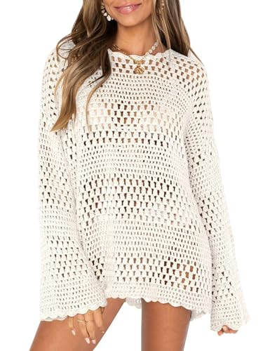 Bashafo Swimsuit Coverups for Women 2024 Crewneck Crochet Hollow Out Womens Swimsuits Knit Beachwear Outfits White XL | Amazon (US)