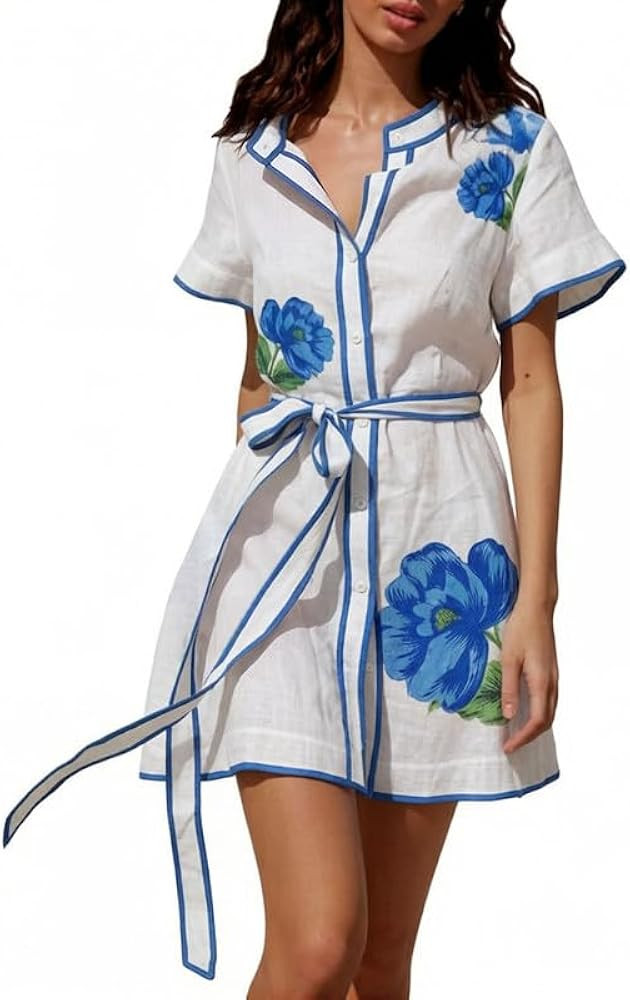 CHARTOU Women's Floral Linen Button Down Wrap Tie Knot Boho Beach Shirt Dress with Belt | Amazon (US)