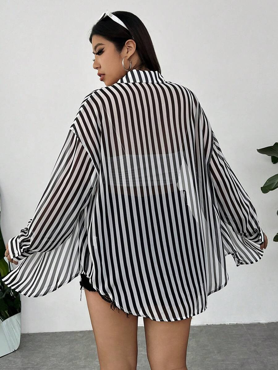 SHEIN EZwear Women's Plus Size Sheer Black & White Striped Summer Shirt | SHEIN