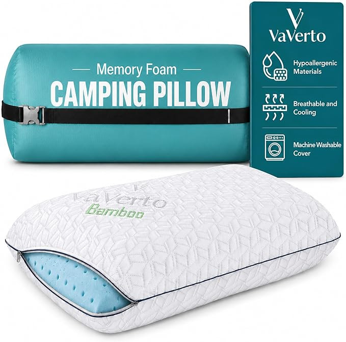 Vaverto Small Memory Foam Bed Pillow for Camping - Compressible Medium Firm, Breathable Cover, Ma... | Amazon (US)