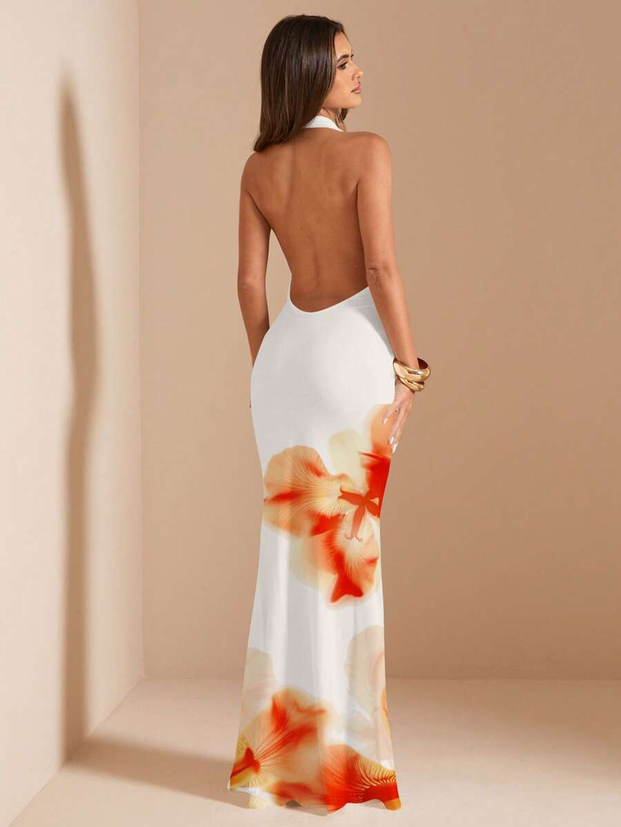 SHEIN BAE Floral Print Bodycon Draped Neck Long Dress For Women, Casual Summer Wear,Boho Clothes ... | SHEIN