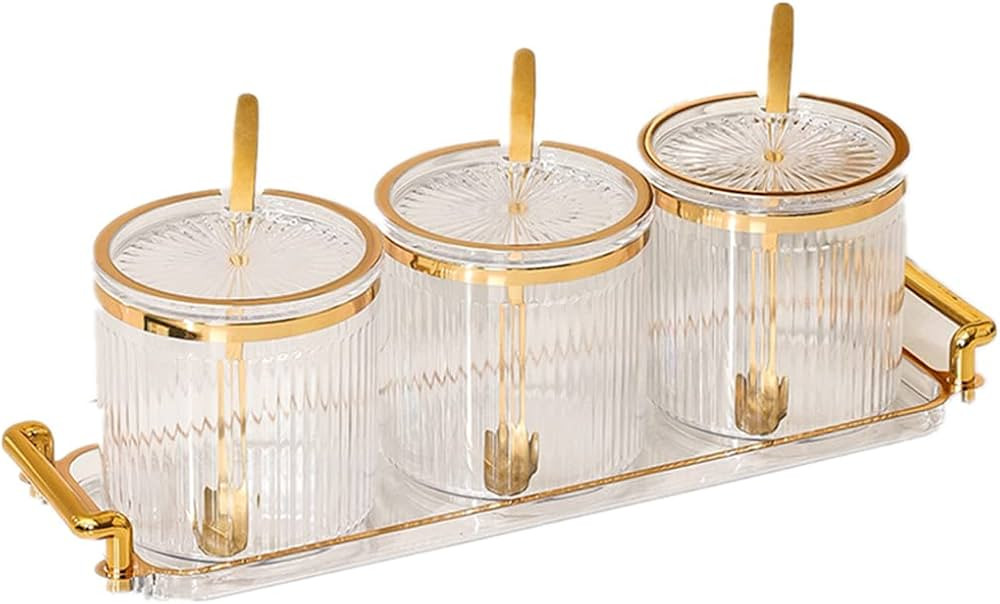 Acrylic Condiment Spice Jars,Condiment Spice Box With Lids and Spoons and Tray,Clear Plastic Cond... | Amazon (US)